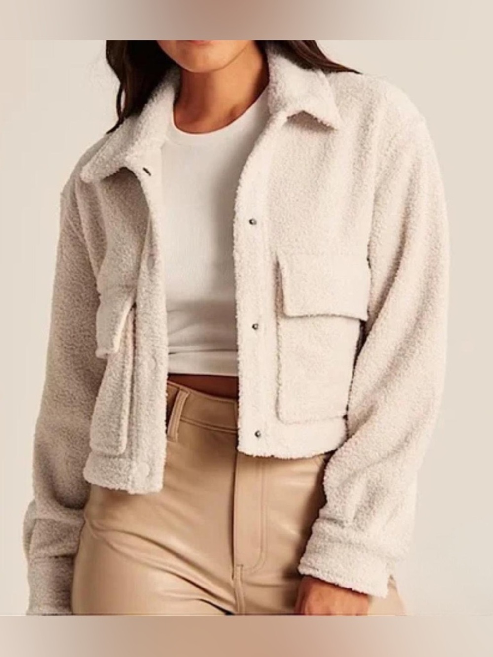 Abercrombie & Fitch Cropped Sherpa Shirt Jacket - Cream - Medium